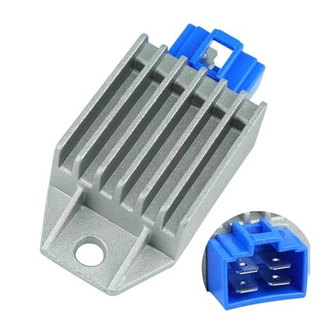 Voltage regulator rectifier with silver fins and blue multi-pin plug connector