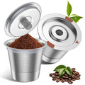 Reusable stainless steel k-cup coffee filters, 2-pack with mesh insert and coffee grounds