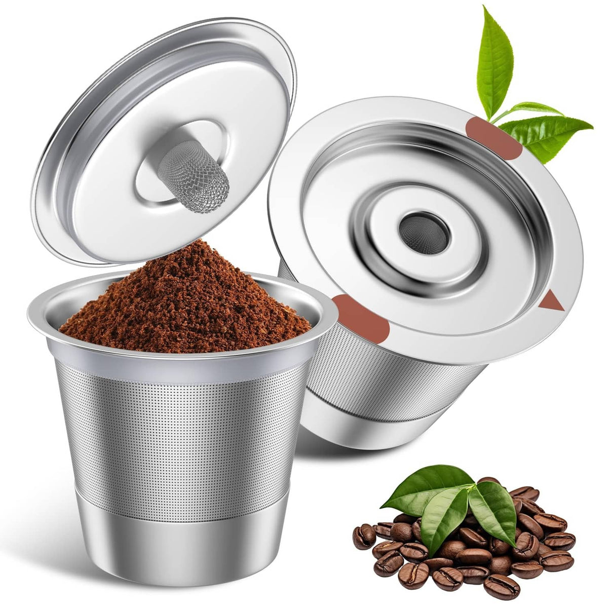 Reusable stainless steel k-cup coffee filters, 2-pack with mesh insert and coffee grounds