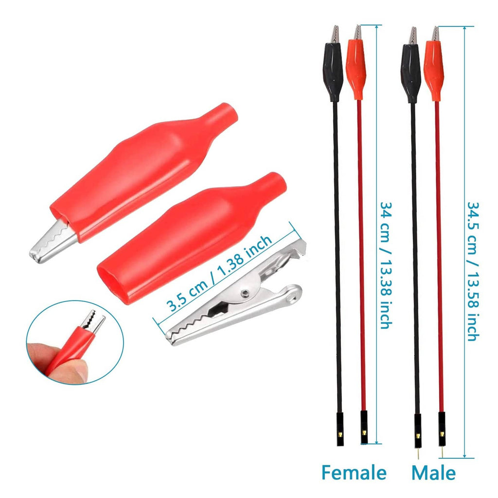 Insulated red alligator clip to male jumper wires with black pin connector ends