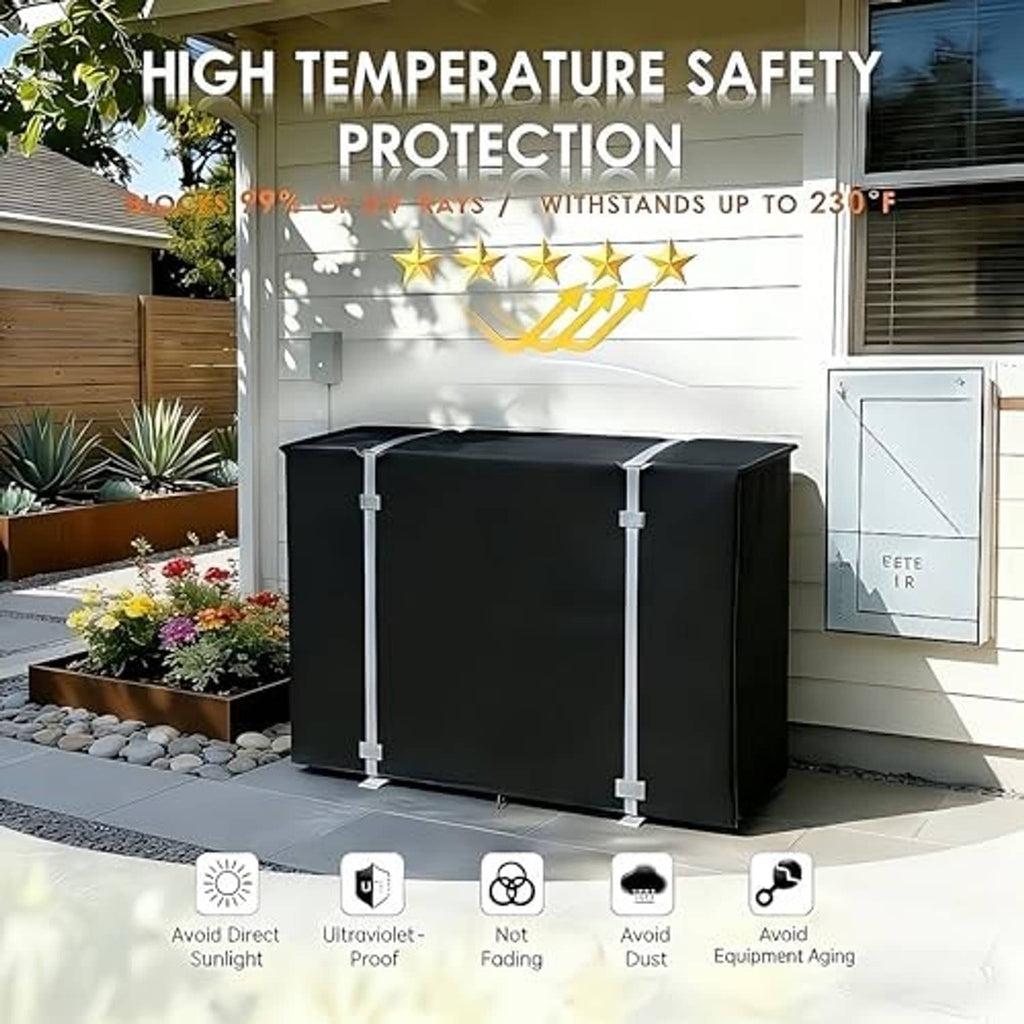 Outdoor mini split cover in dark fabric with four corner straps, box-style fit.