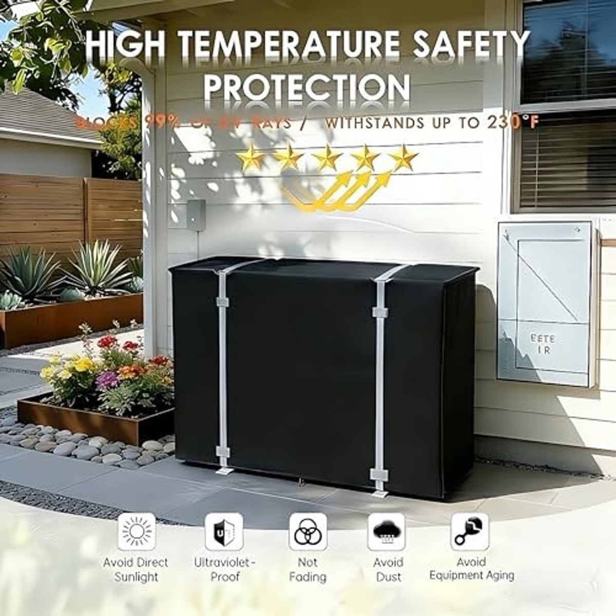 Outdoor mini split cover in dark fabric with four corner straps, box-style fit.
