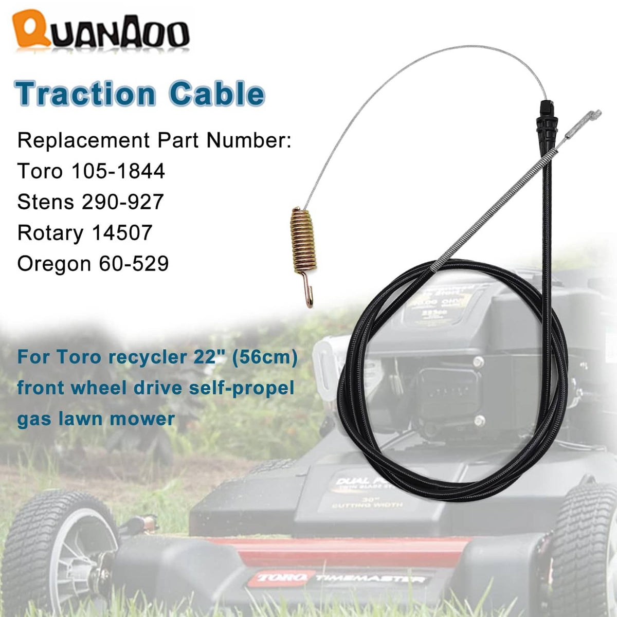 Traction cable with spring and two ends, replacement for Toro 105-1844
