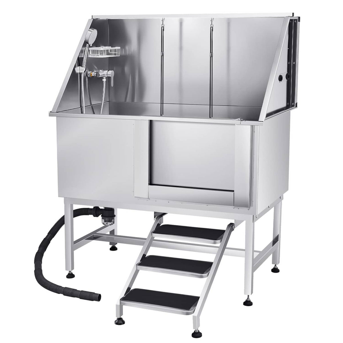 Stainless steel pet grooming tub with right stair and hose, open access