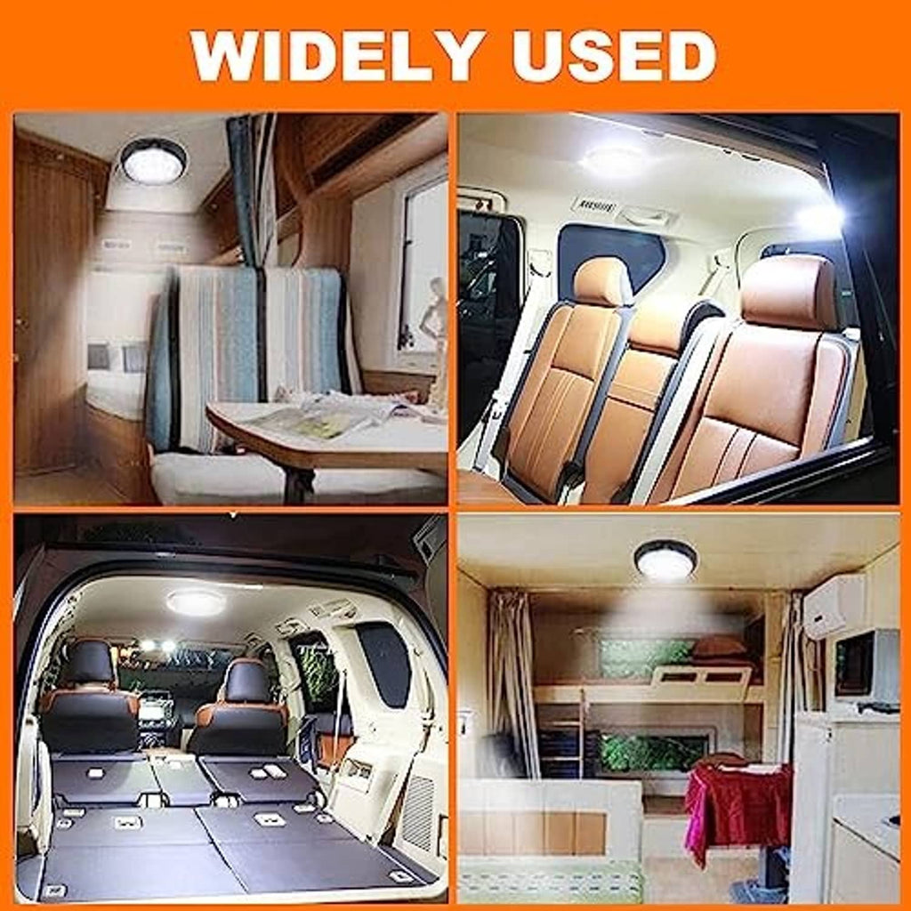 Round white LED dome light installed on an RV ceiling