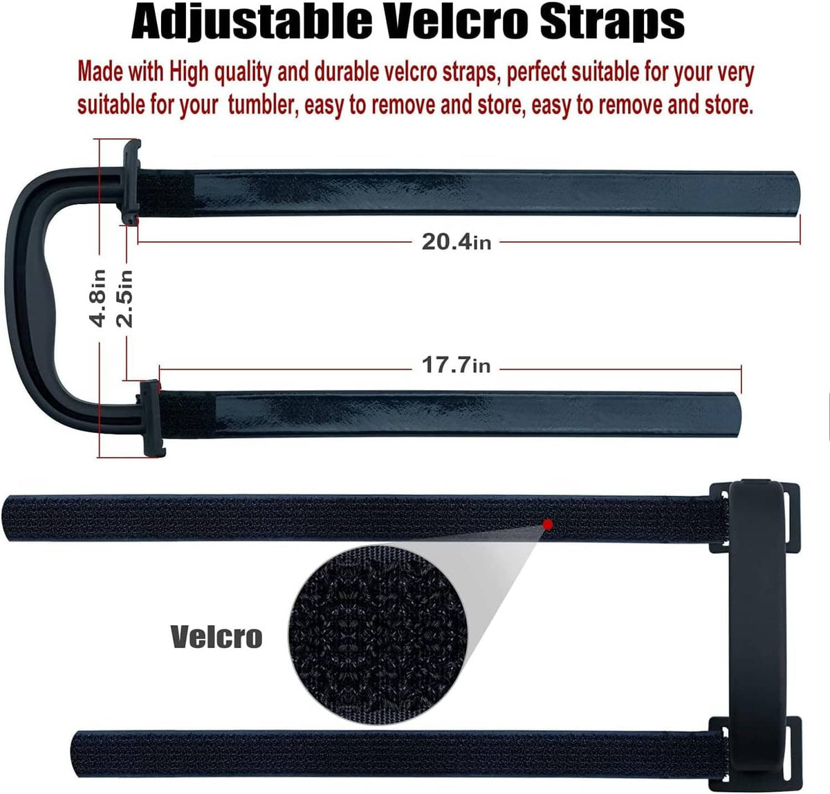 Black adjustable strap handle with Velcro closure and hook-and-loop fastening pieces
