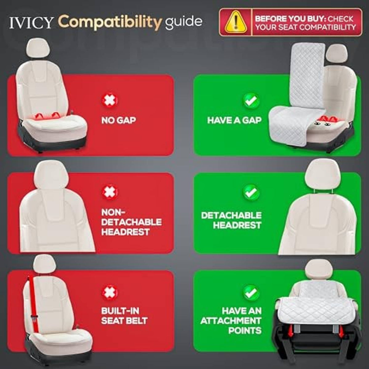 Car seat cover compatibility guide showing fit for seat belt and detachable headrest