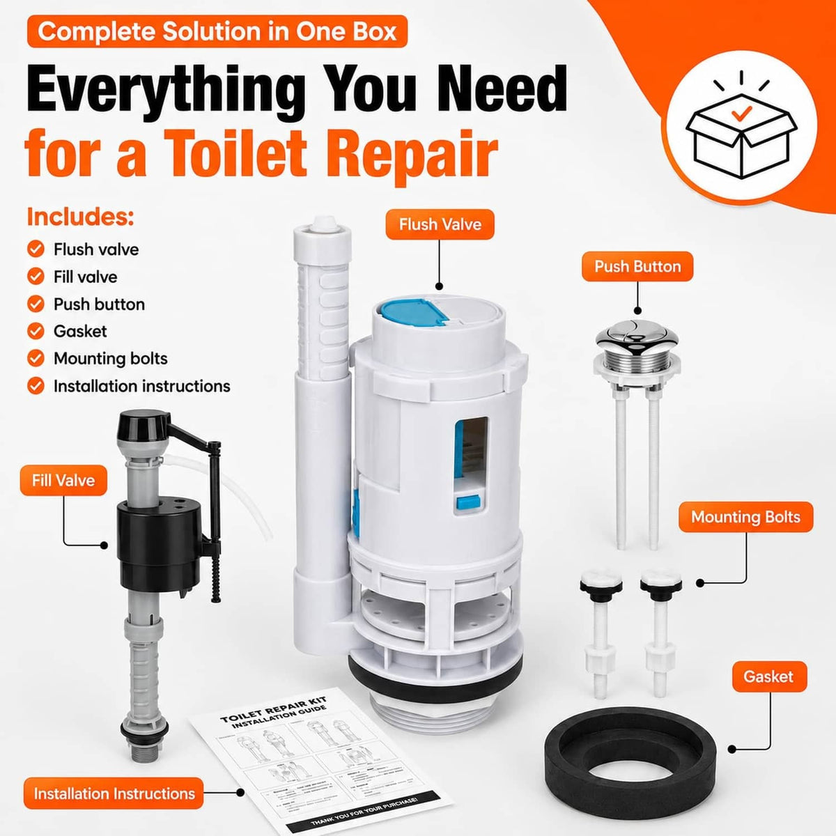Toilet repair kit components in box: flush valve, fill valve, push button, mounting bolts