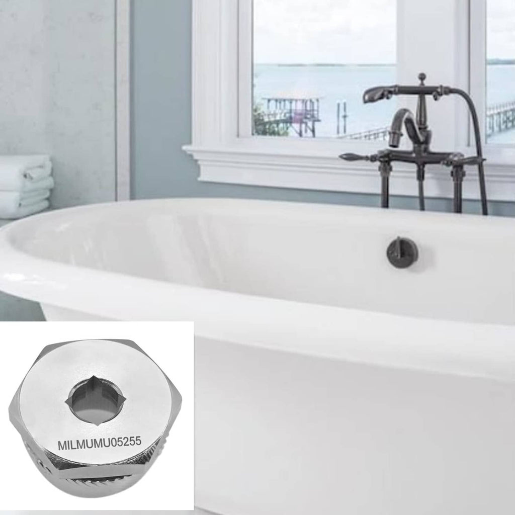 Chrome hex drain extractor with star drive, shown near tub drain opening
