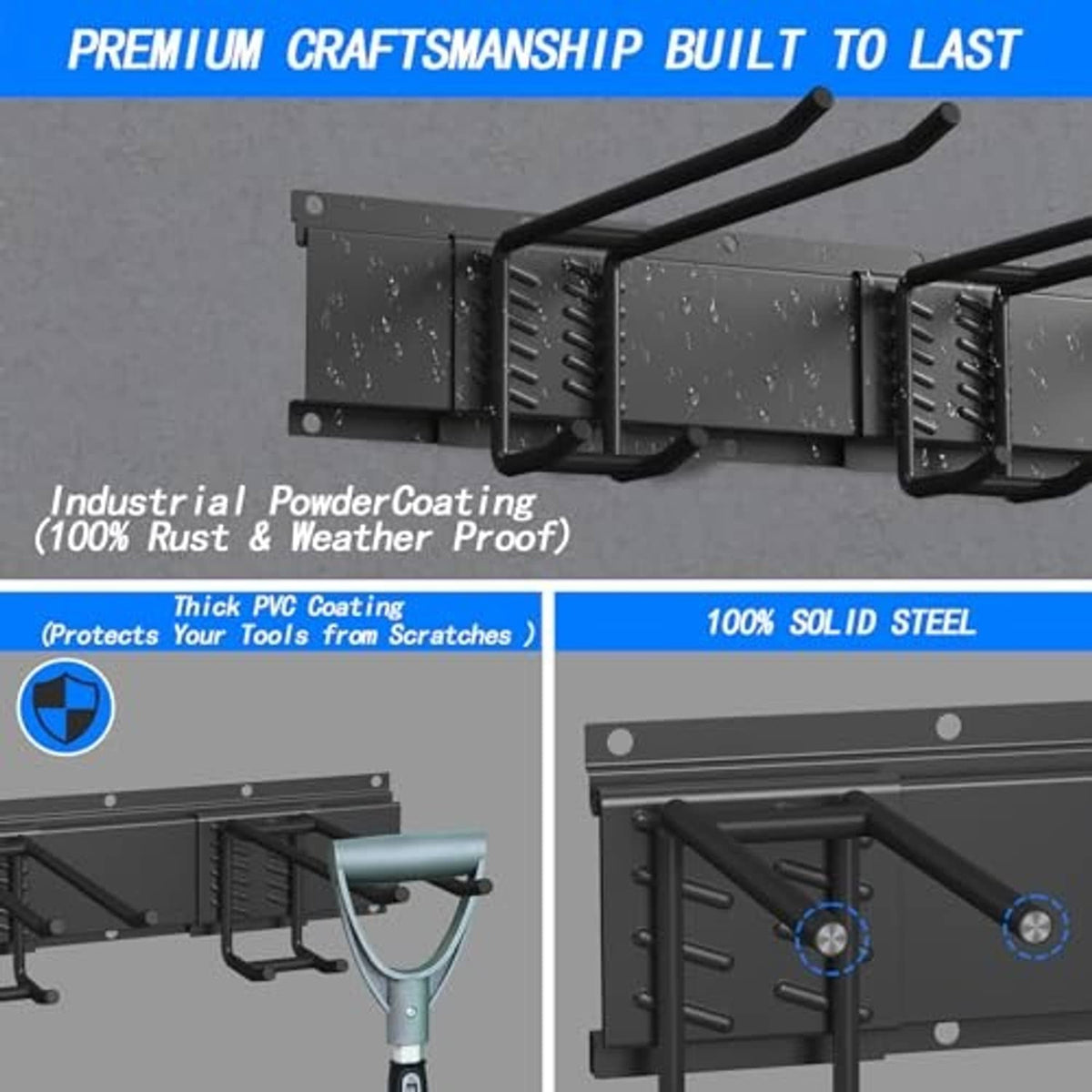 Black coated tool organizer wall rack with storage bins and curved hanging hooks