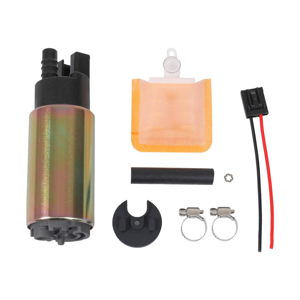 Electric fuel pump with strainer kit, wiring, clamps, and rubber hose pieces