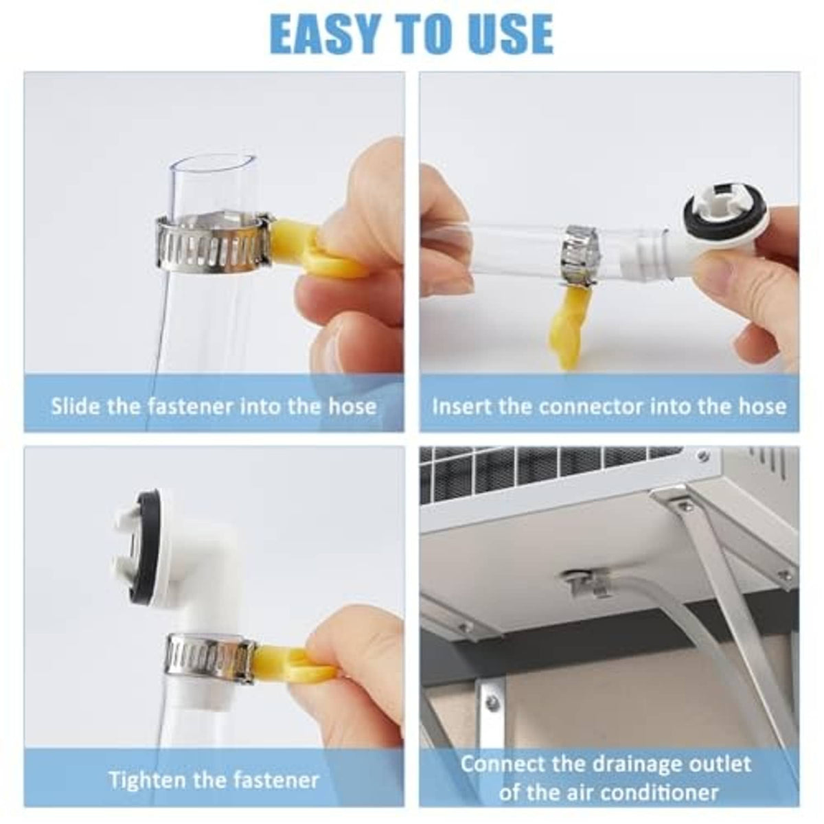 AC drain hose installation steps: slide fastener in, insert connector, tighten