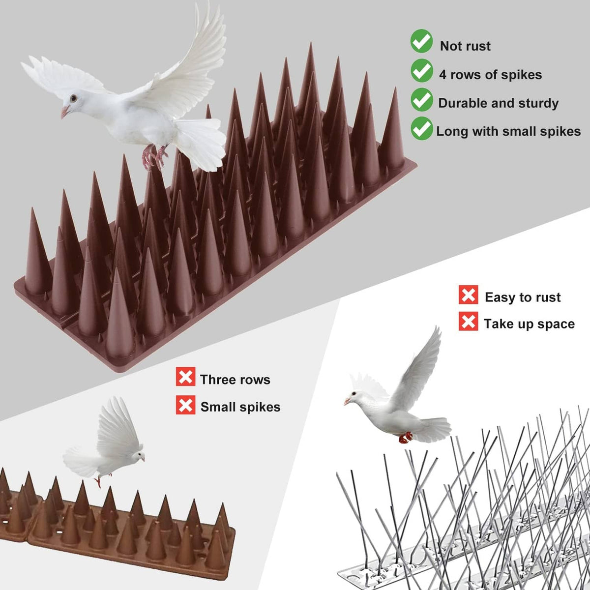 Brown spike strip with four rows of upright cone spikes and pointed tips
