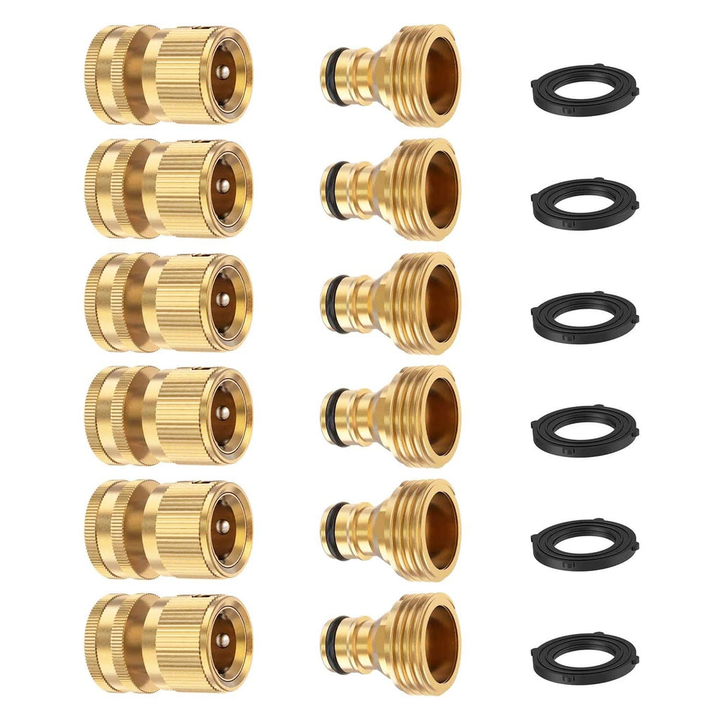 Solid brass garden hose quick connector set with multiple fittings and black O-rings
