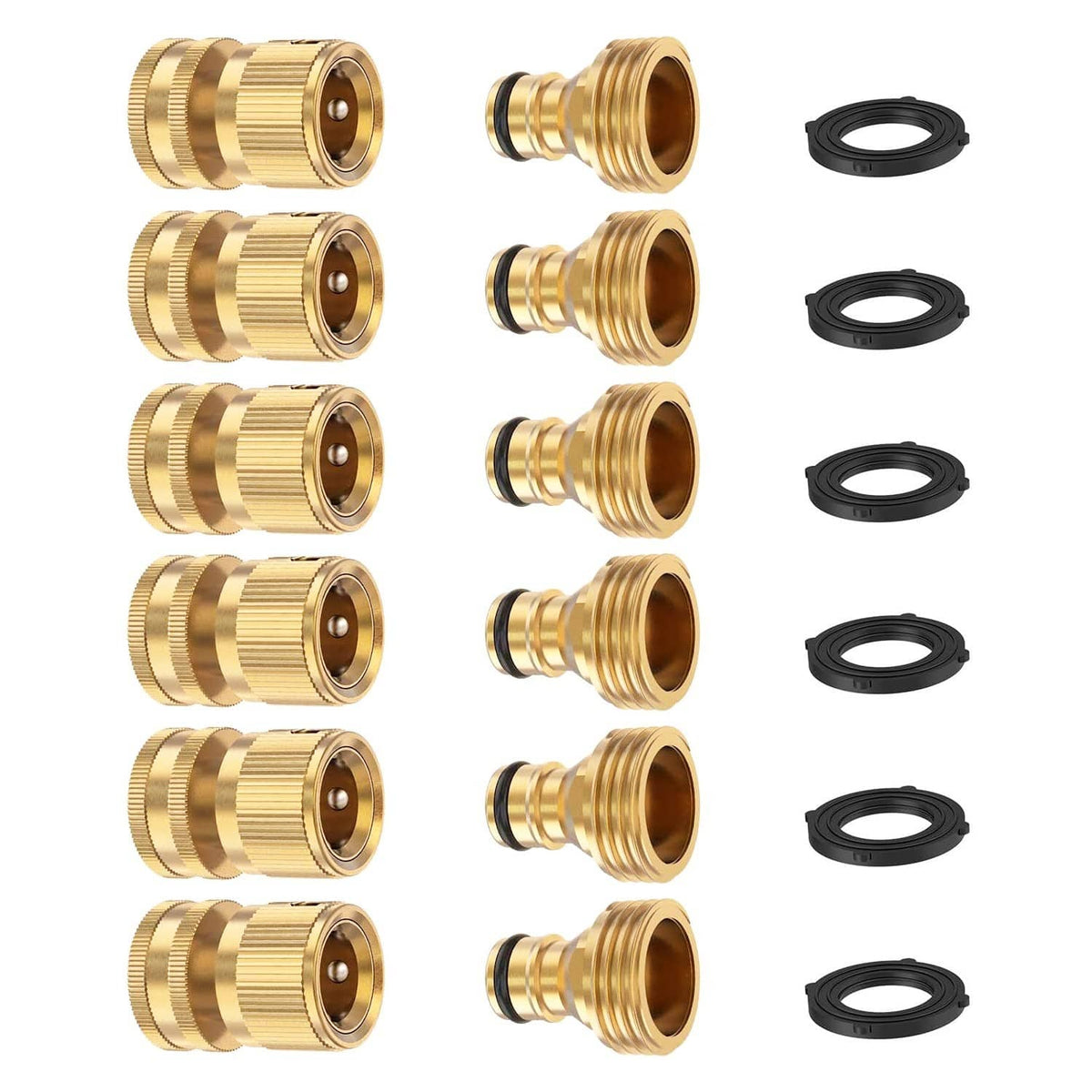 Solid brass garden hose quick connector set with multiple fittings and black O-rings