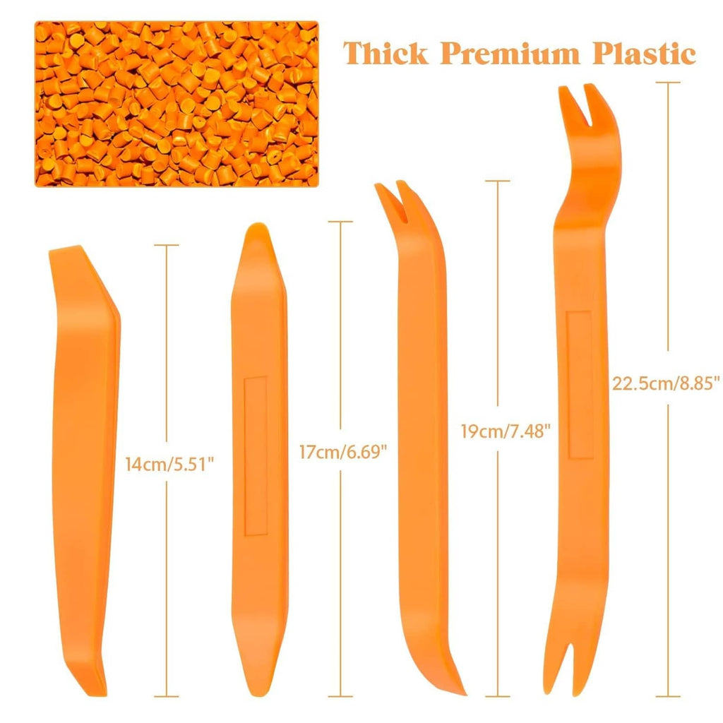Orange plastic pry tools with size dimensions diagram, four pieces
