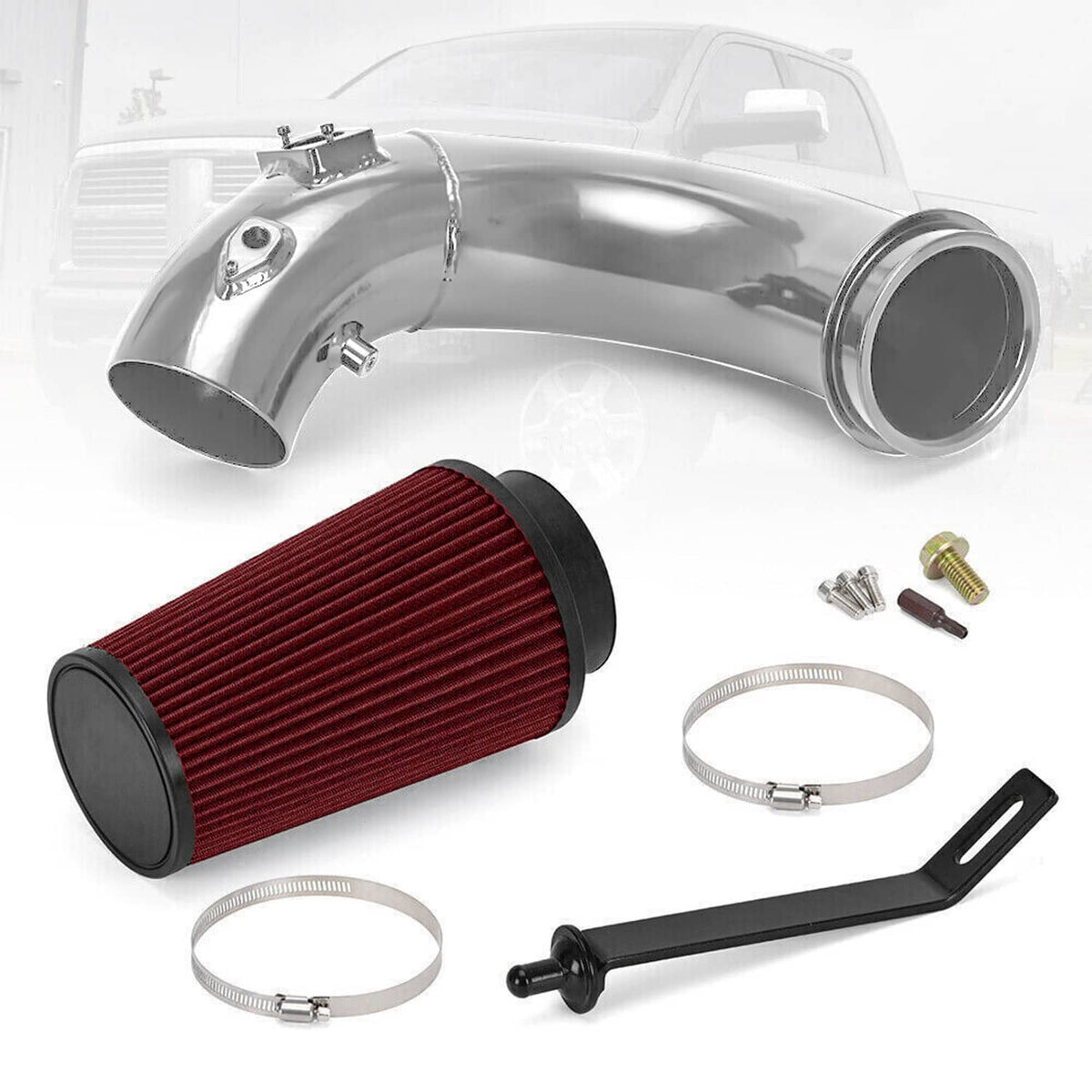 Cold air intake kit with chrome pipe, red pleated cone filter, clamp rings, and bracket.