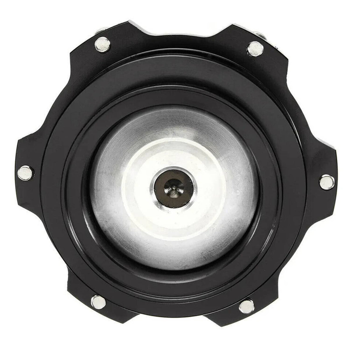 Black circular intake valve cover with silver center insert and bolts