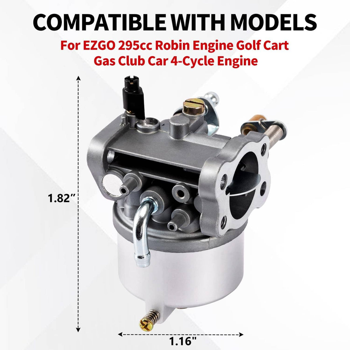 Silver carburetor with black intake and fuel inlet hose, angled front view