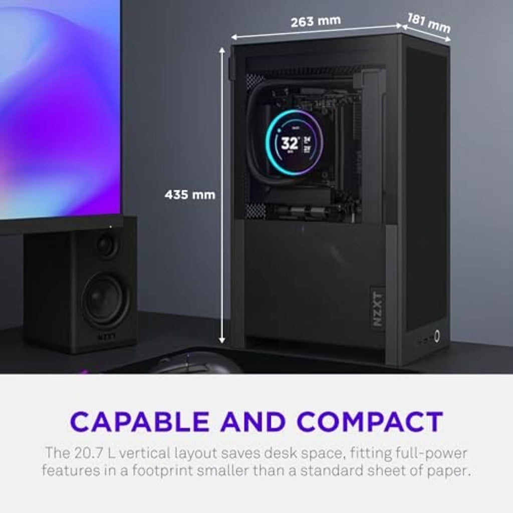Black Mini-ITX PC case with open side panel, motherboard and CPU area visible