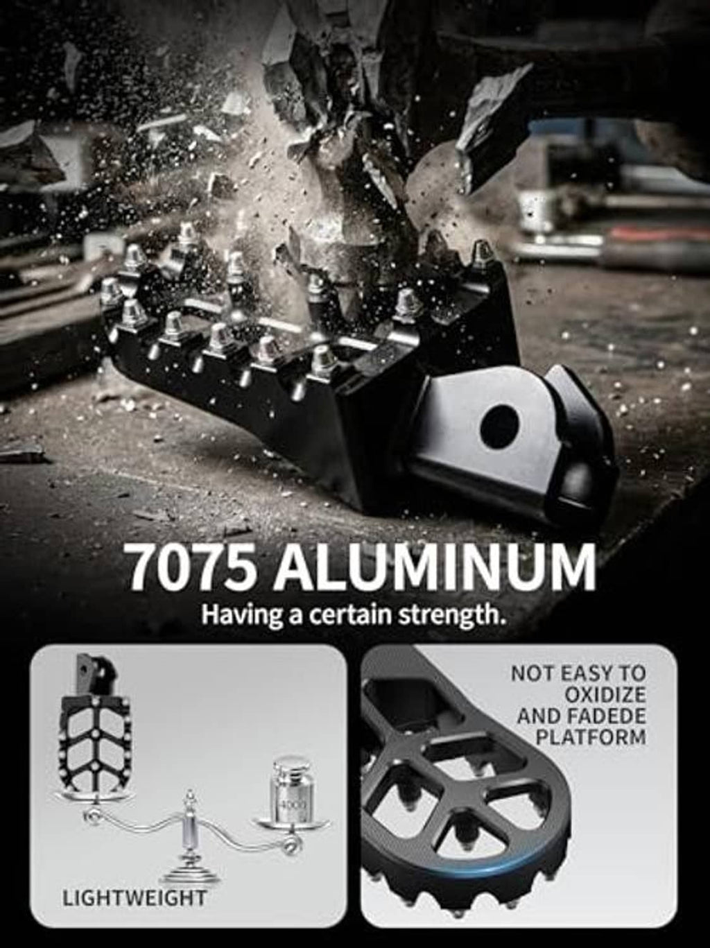 Black aluminum foot pegs with CNC-machined traction pins and rugged skid-ready design
