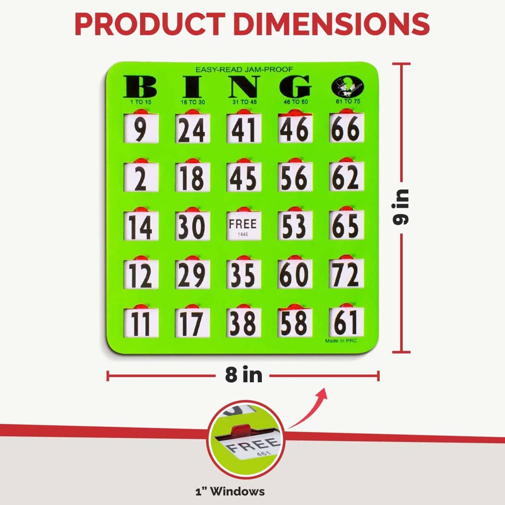 Single green bingo card with 1-inch shutter windows, large numbers, and “FREE” tile.