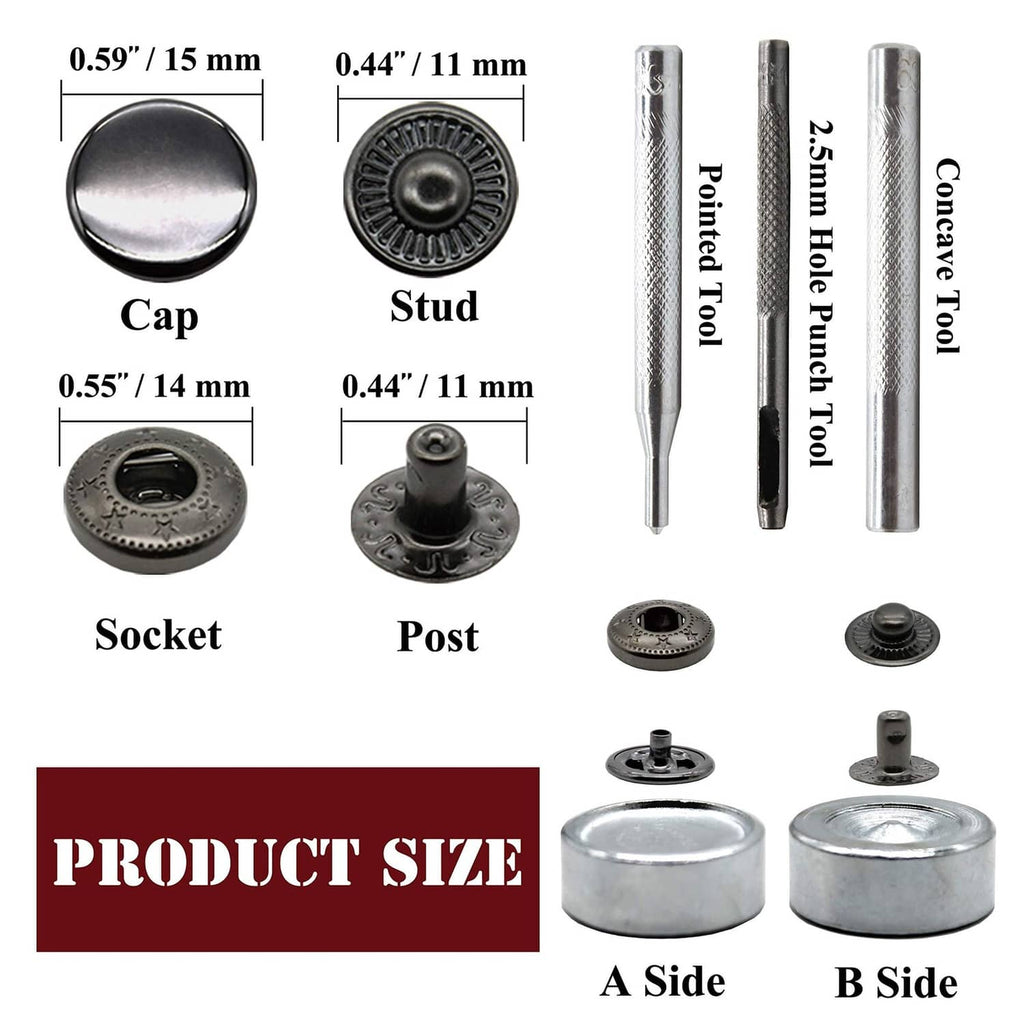 Metal snap button parts set: cap, socket, stud, post with punch tool and dies