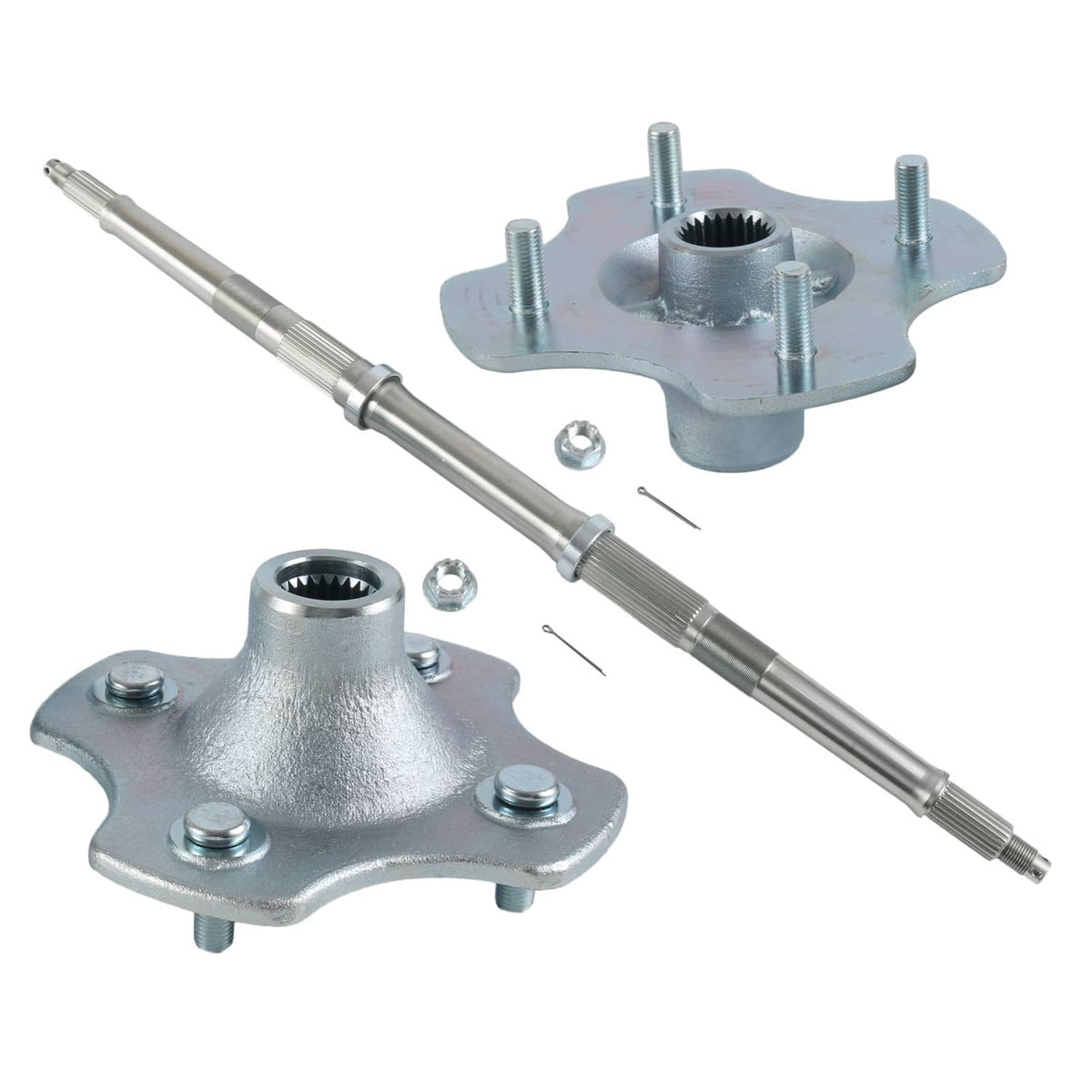 Rear axle shaft and wheel hub set with flange hubs and splined axle shaft