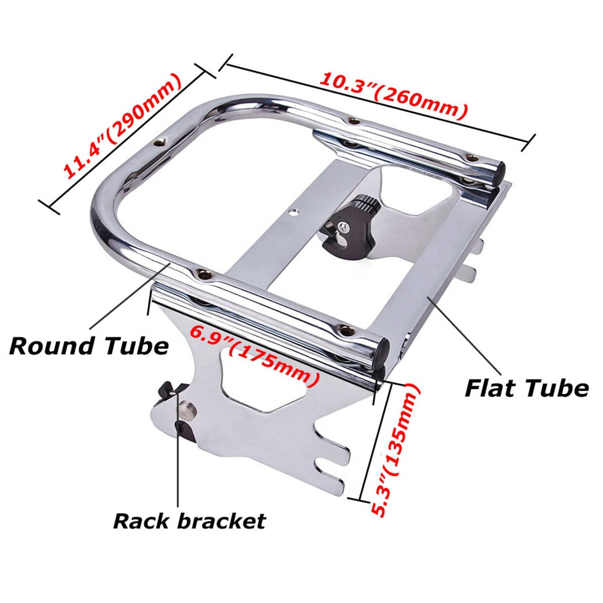Chrome luggage rack hardware kit dimensions diagram with mounting bracket and tubes