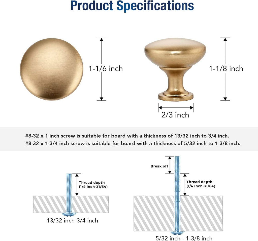 Round cabinet knob size diagram, 1-1/6 in knob and 2/3 in height