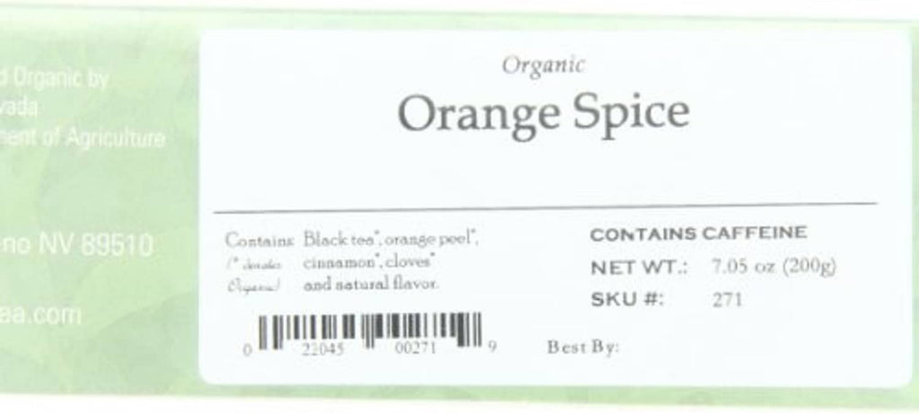 Orange spice tea box label: contains caffeine, net wt 7.05 oz (200 g)