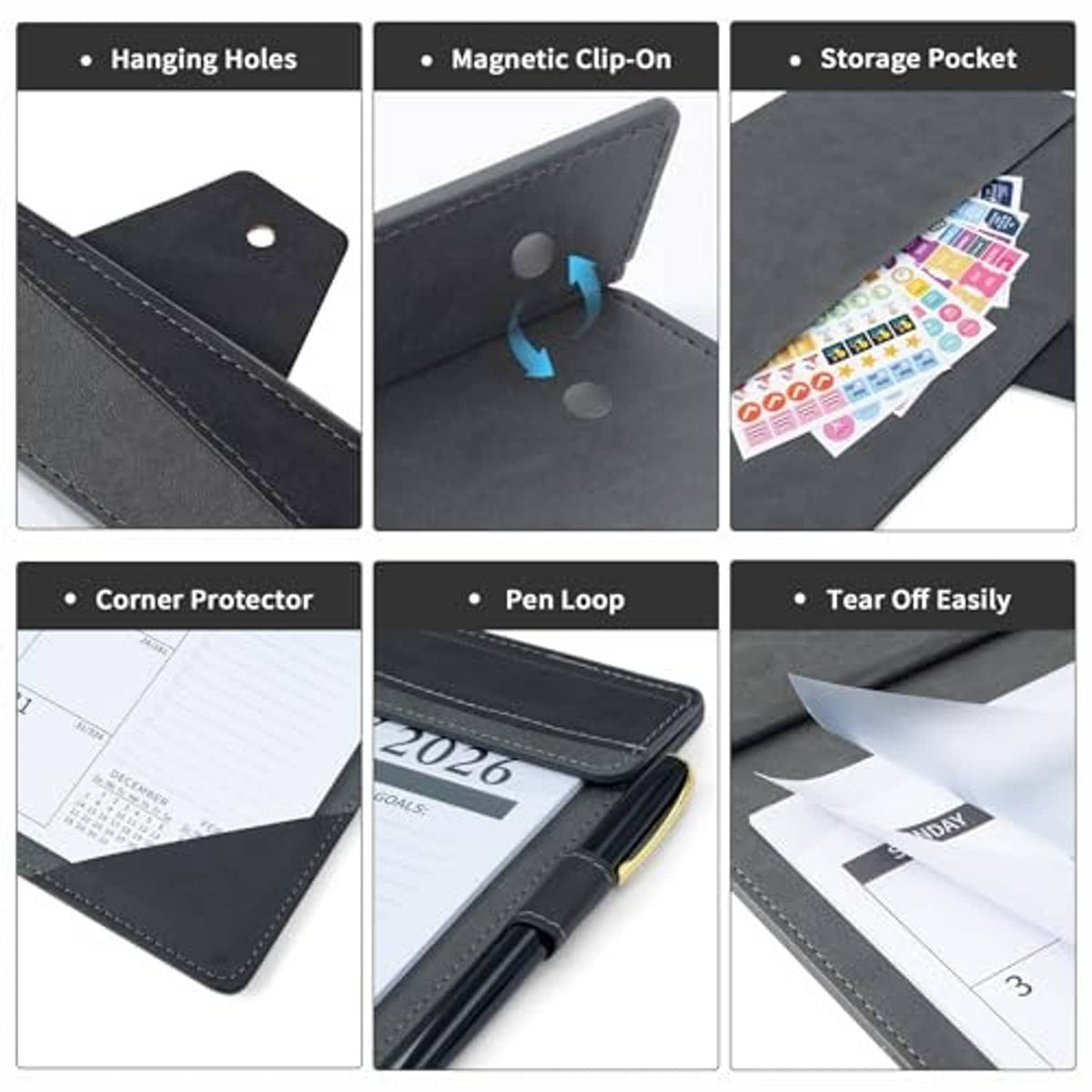 Black leather desk calendar close-up with corner protectors, pen loop, and storage pocket