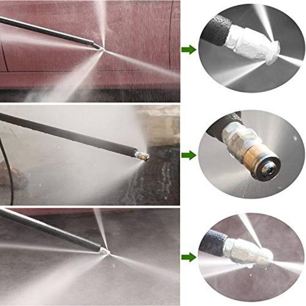 High-pressure water jet from sewer jetter nozzle cutting through debris on surfaces