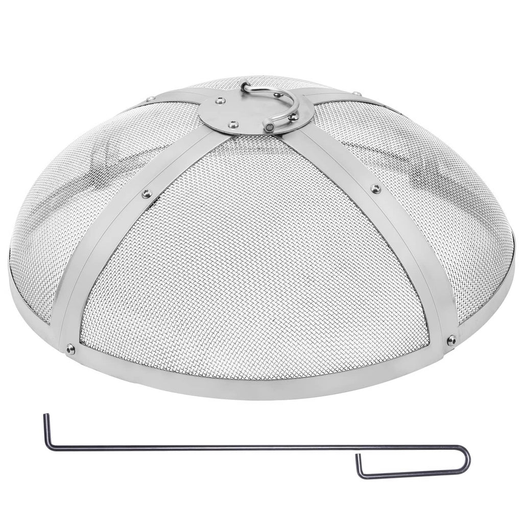Round stainless firepit spark screen with hinged handle and mesh dome cover