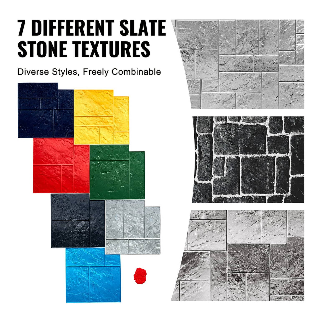 Concrete texture stamping mat set showing seven slate-stone styles in colored tiles