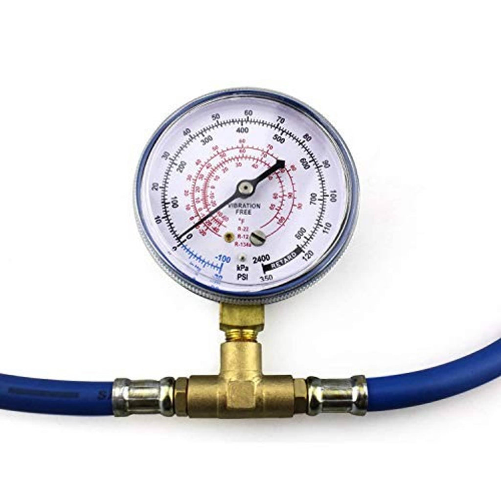 Refrigerant pressure gauge with brass mount on blue hose