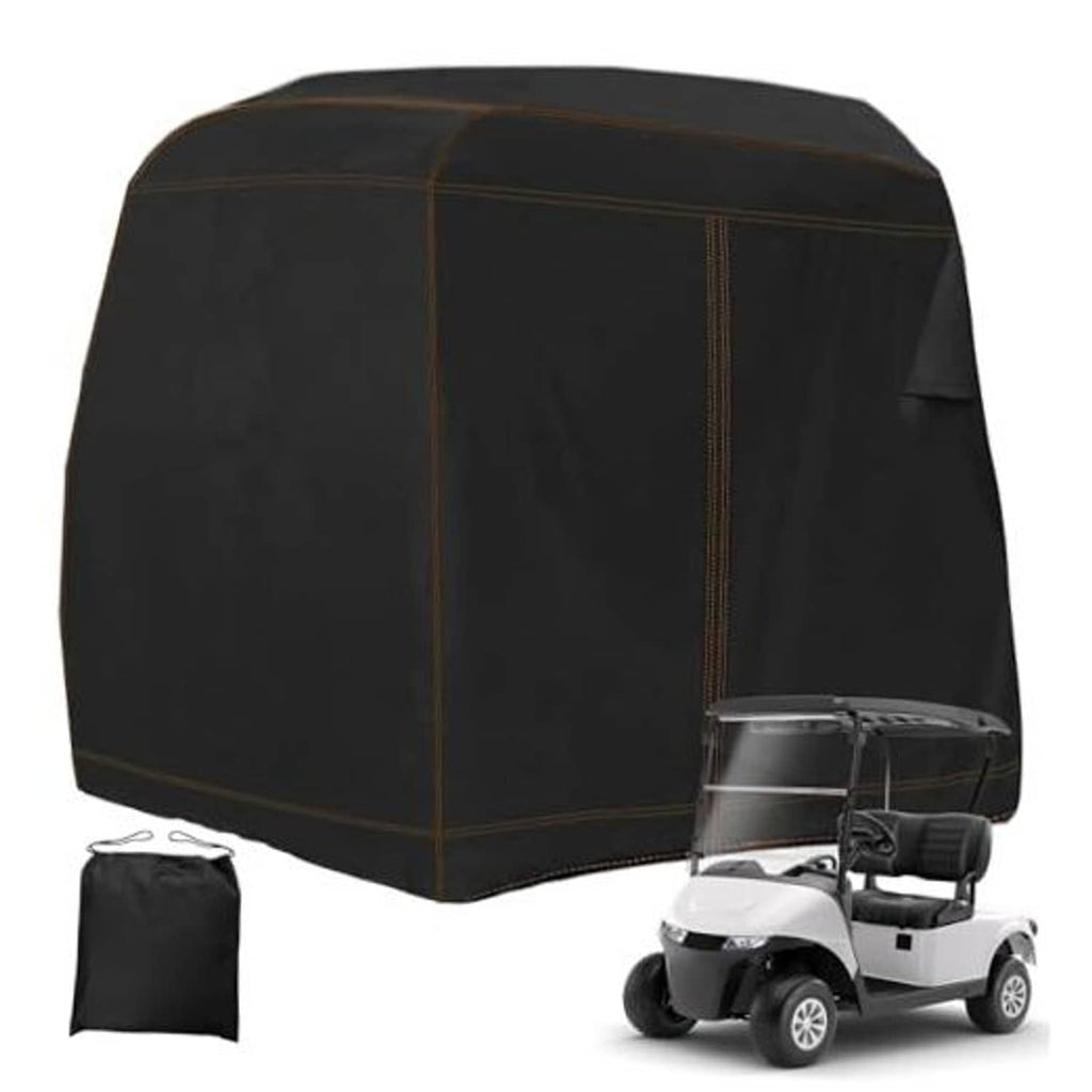 Black golf cart cover for two passengers, fitted hood with brown stitched panels