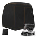Black golf cart cover for two passengers, fitted hood with brown stitched panels
