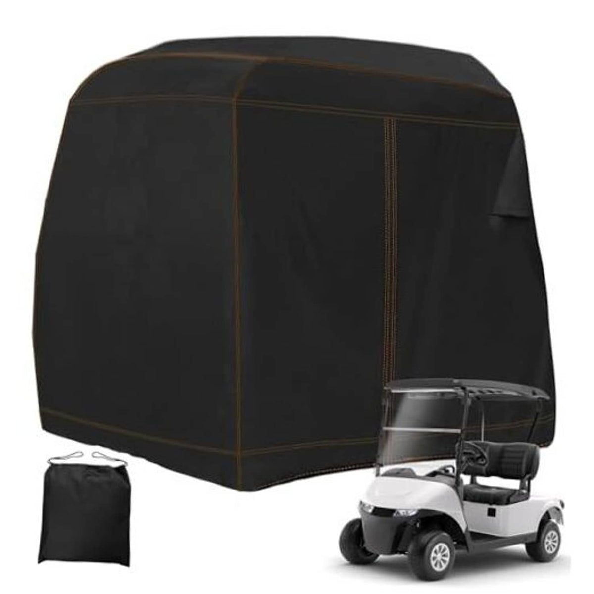 Black golf cart cover for two passengers, fitted hood with brown stitched panels
