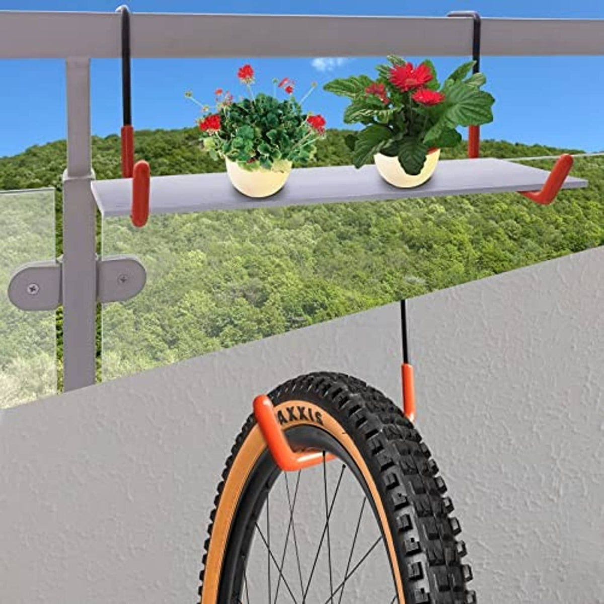 Orange bike hook end with black metal frame holding a wheel against a rail