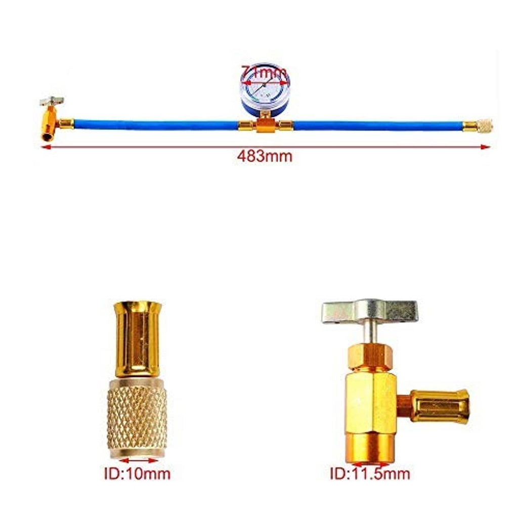 Charging hose length 483 mm, blue tubing with brass ends and fitting size IDs