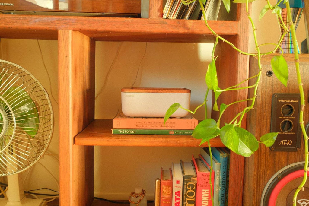 Airtight storage box with wooden lid on a shelf, with small glass jar accessory.