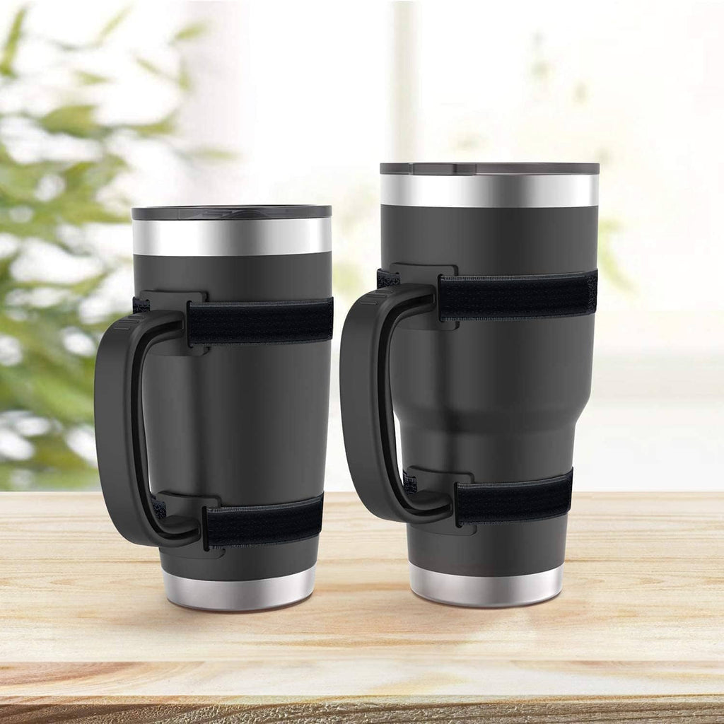 Pair of stainless tumblers with black adjustable anti-slip handle straps