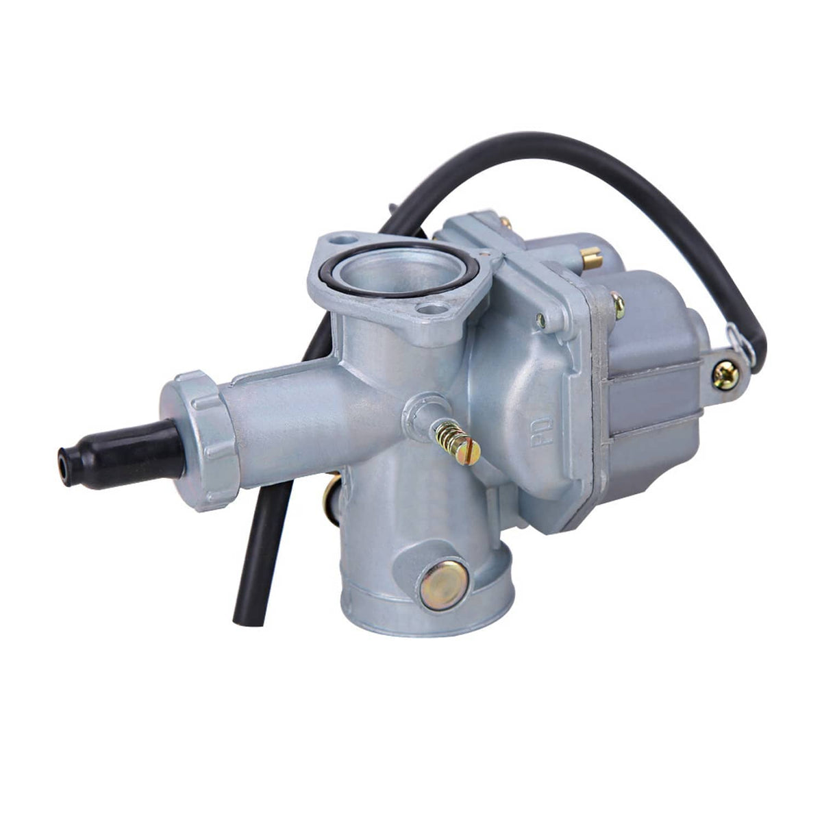 Light gray carburetor with black throttle lever and black hose connections