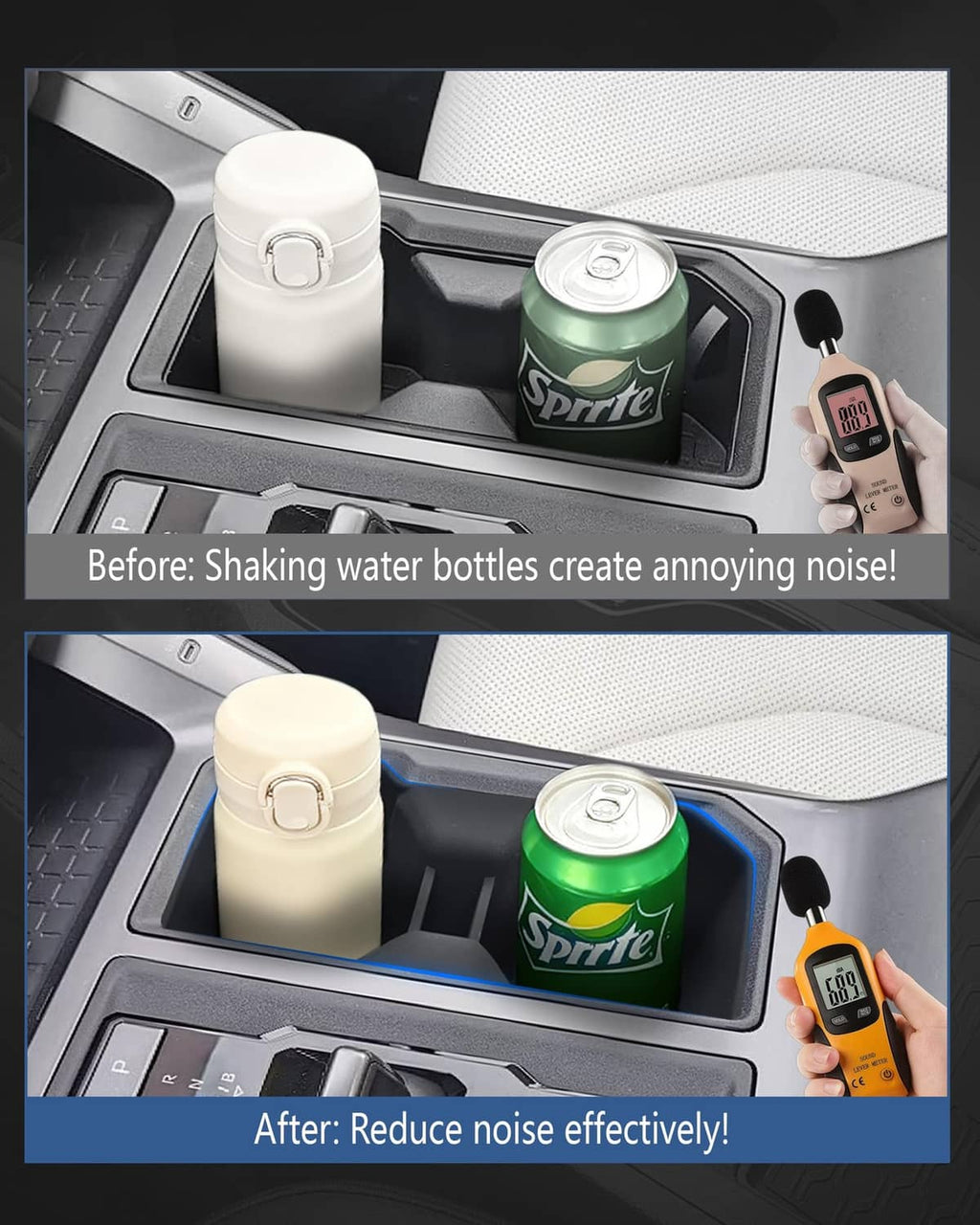Cup holder insert tray with water bottle and soda can in center console; phone display nearby