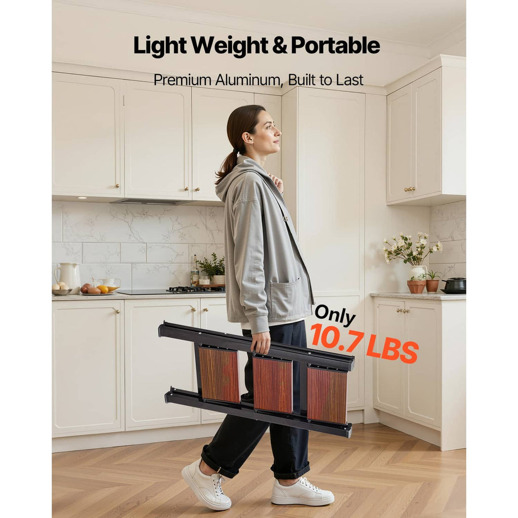 Portable 3-step aluminum folding ladder with black frame and wood-grain steps