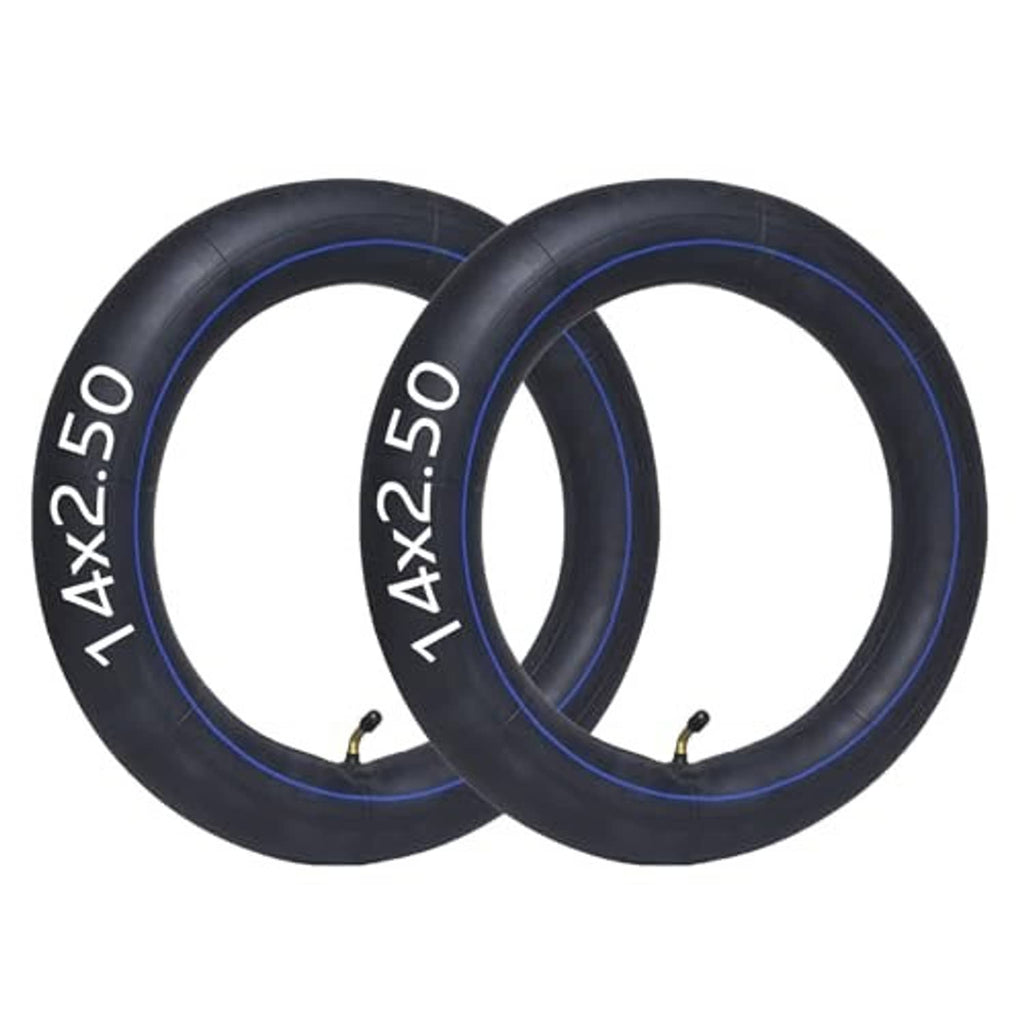 Two black inner tubes with blue rim stripe and metal valve stems