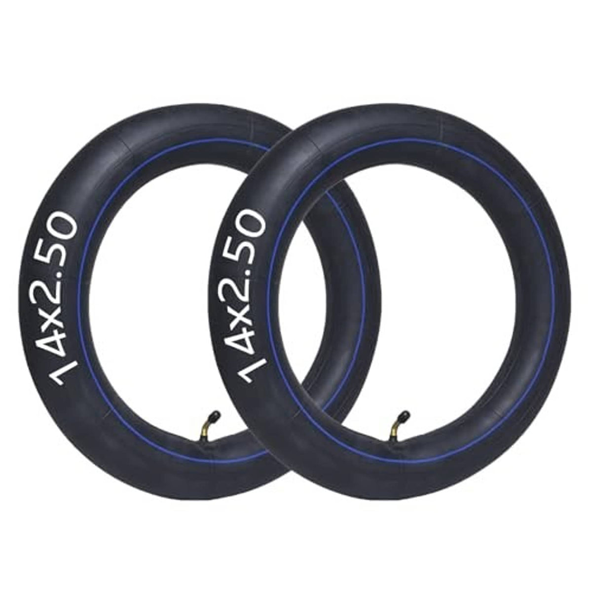 Two black inner tubes with blue rim stripe and metal valve stems