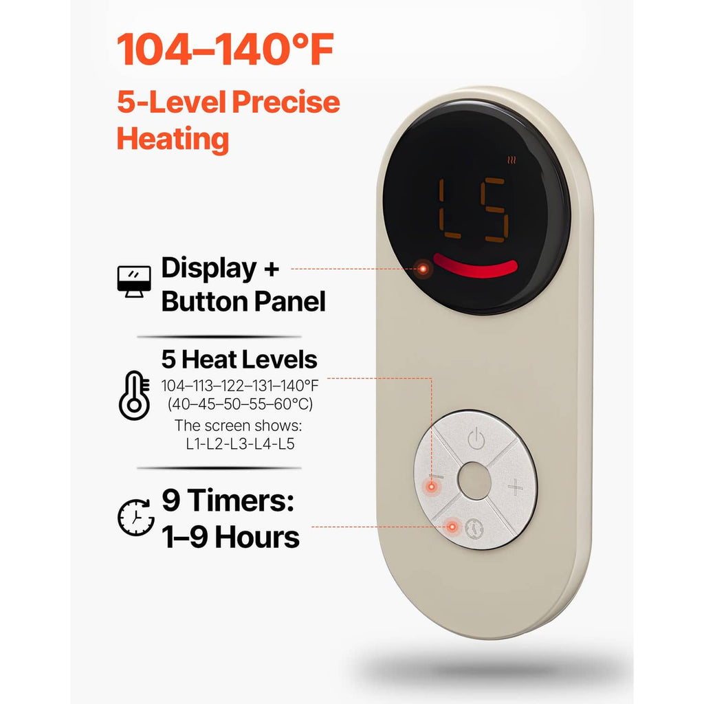 Beige under-desk heater control unit with circular display and button panel