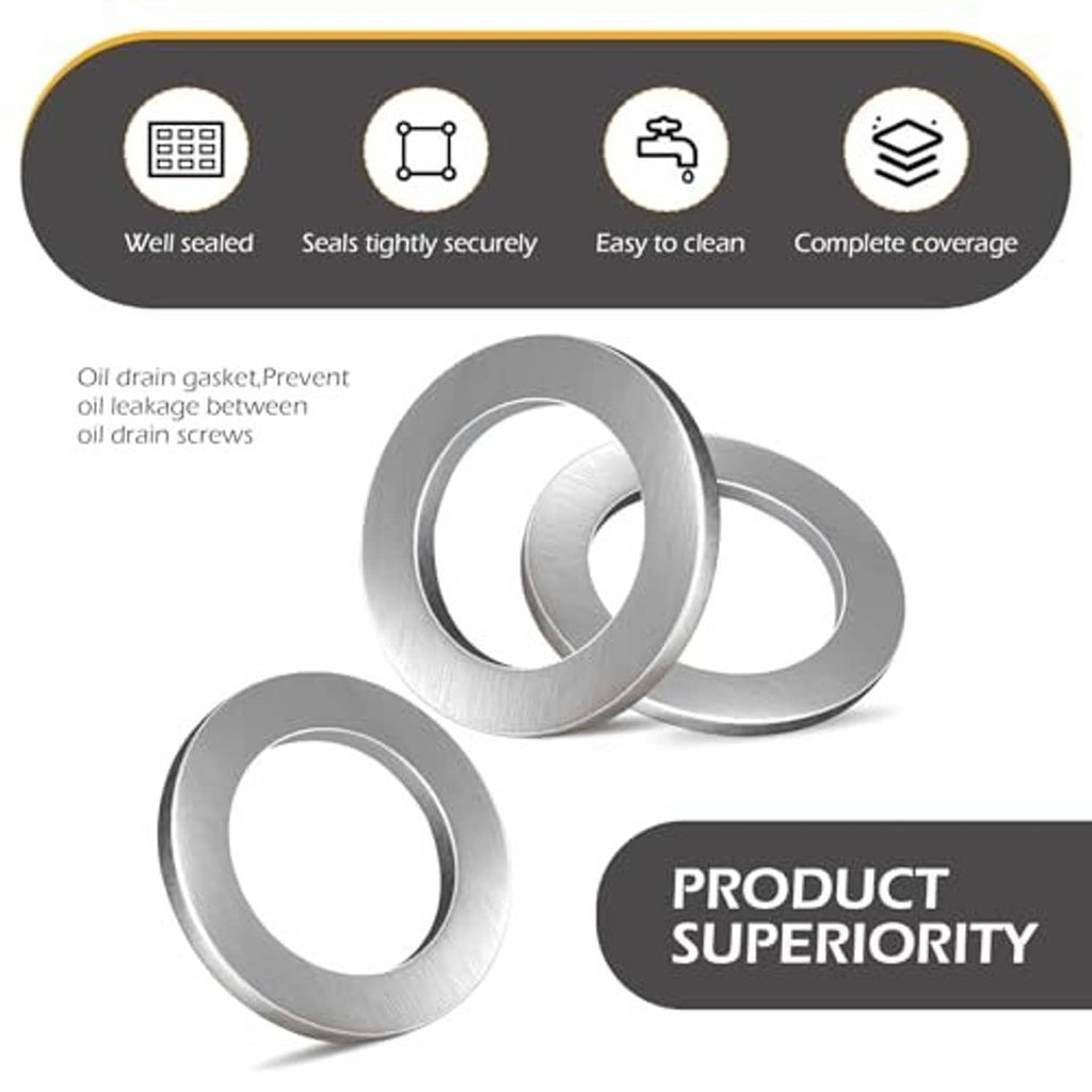Silver crush washer gaskets with sealing icons and product superiority banner